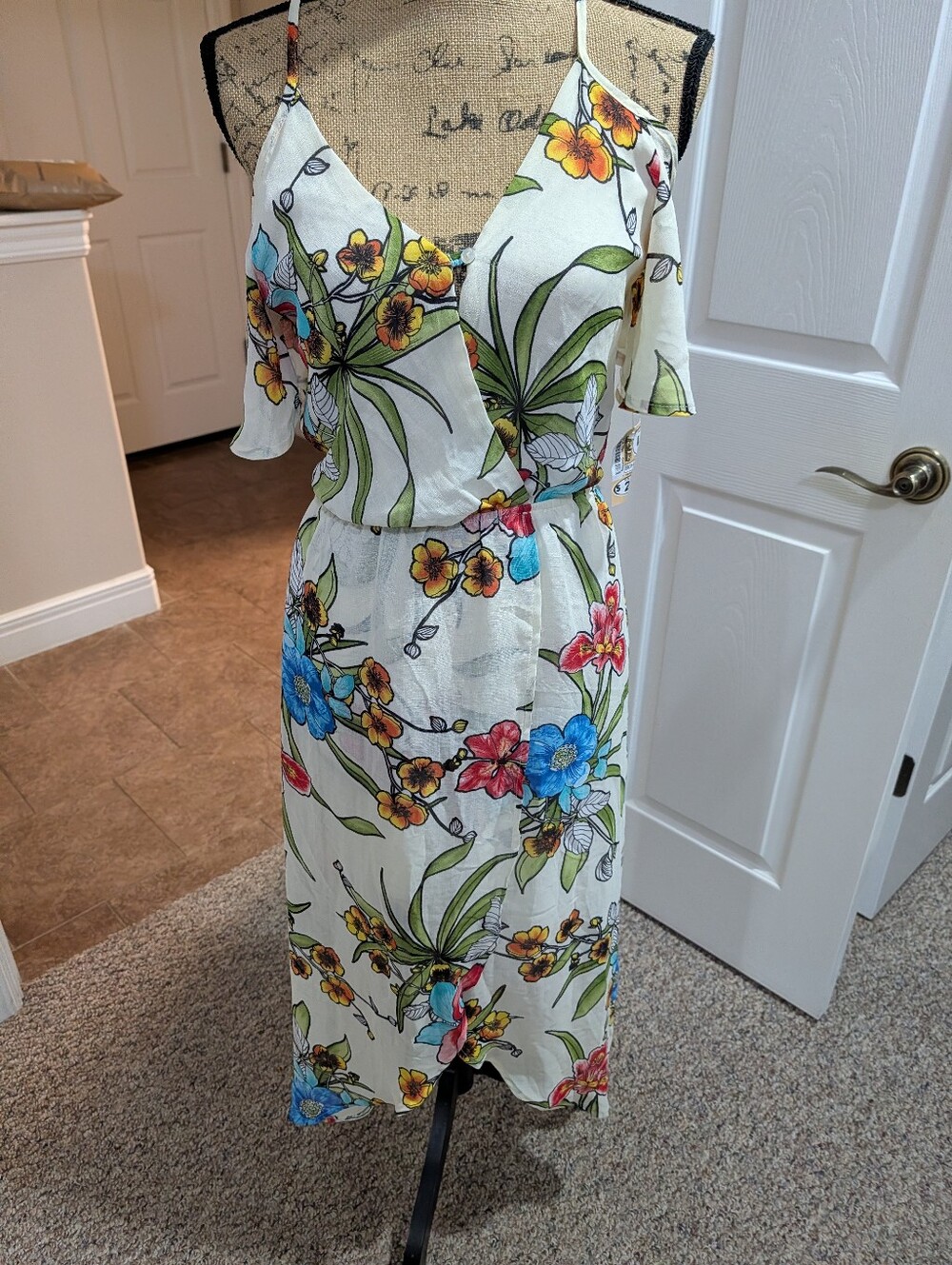 Floral Cold-Shoulder Wrap Midi Dress - White Multi